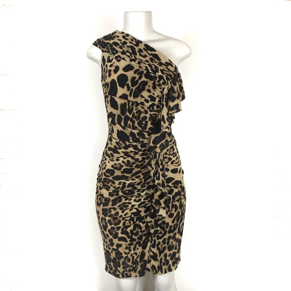 David Meister Dress Size 2 Leopard Animal Print Ruffle Ruched Indie Sleeze Y2K
